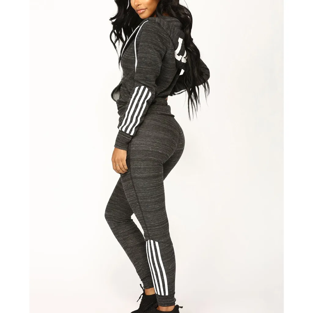 

Womens Tracksuit Set Fashion Women Casual Stripe Zipper Long Sleeve Pullove Sport Tops+Long Pants Set conjuntos de mujer