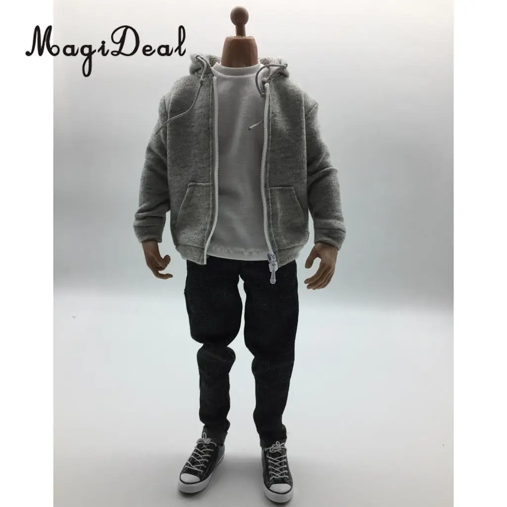 MagiDeal 1/6 Scale Mens Clothes Gray Hoodie T-shirt Jeans Belt Cap Canvas Shoes Set for 12 Inch Male Action Figures