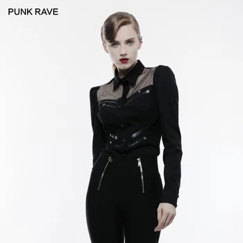 

PUNK RAVE Women's Sexy Mesh Chest Handsome Military Rock Black Uniform Vintage Long Sleeve Casual Personality Punk Shirt Tops