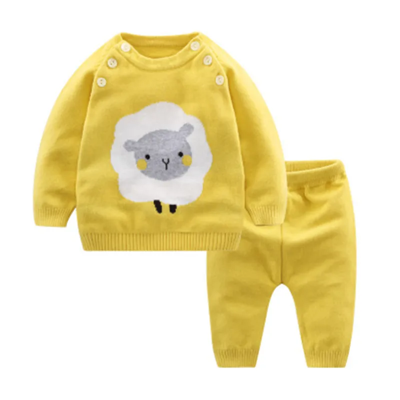 Wool Knitted Baby Girl Sweater Sets Cotton Full Sleeve Sweater+Pants Warm Baby Boy Clothing Sets Casual Bebes Suit Unisex Sets - Цвет: Цвет: желтый