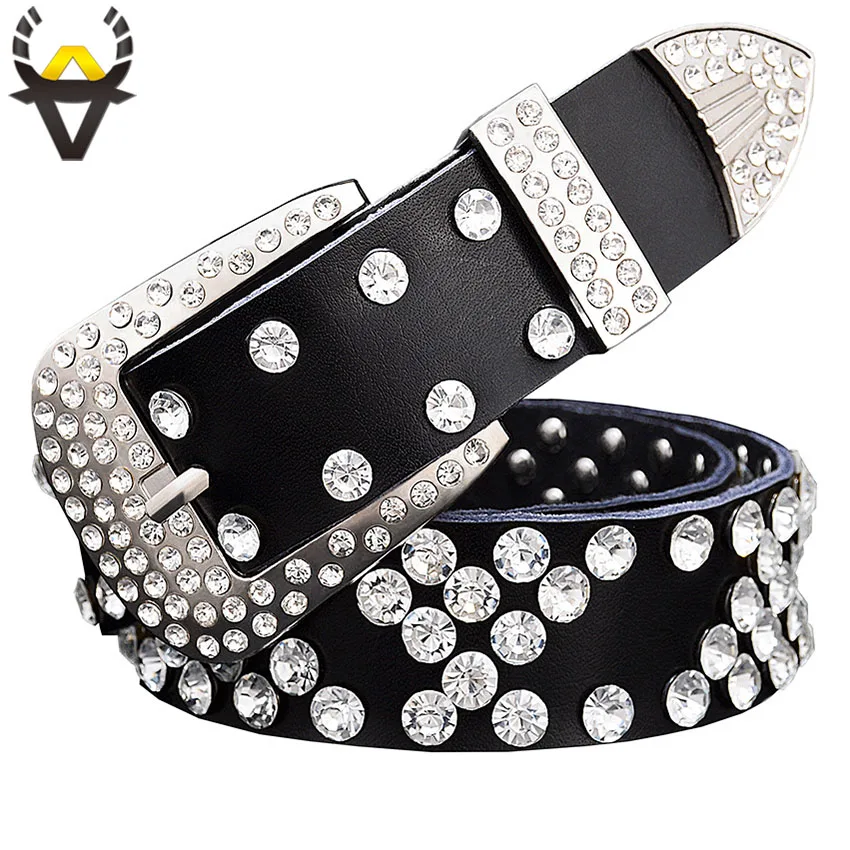 Fashion rhinestone genuine leather belt for men Designer luxury belts for women Quality cow skin unisex waist strap Width 3.3 cm