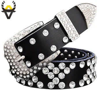 

Fashion rhinestone genuine leather belt for men Designer luxury belts for women Quality cow skin unisex waist strap Width 3.3 cm