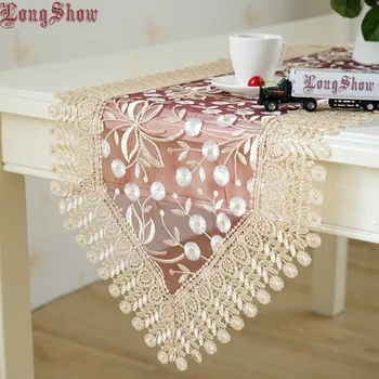 

Wedding Decorative Polyester Embroidered Gold Burgundy Transparent Organza Floral Decorative Modern Table Runner