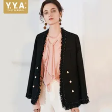 Осенняя твидовая куртка женские черные куртки с кисточками женские с длинным рукавом формальные офисные женские пальто тонкий двубортный v-образным вырезом пальто