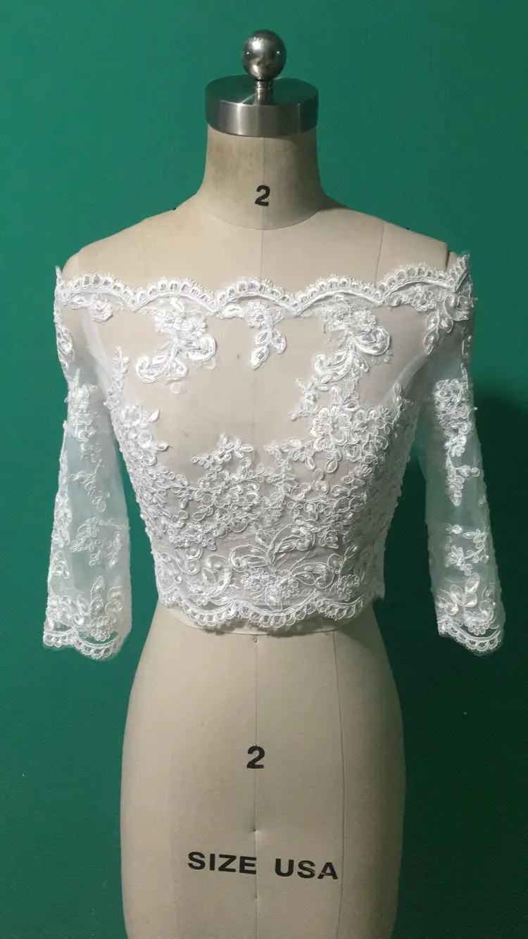 

Fashion Boat Neck 3/4 Sleeve Wedding Jacket White Lace Applique Bridal Accessories Custom Made