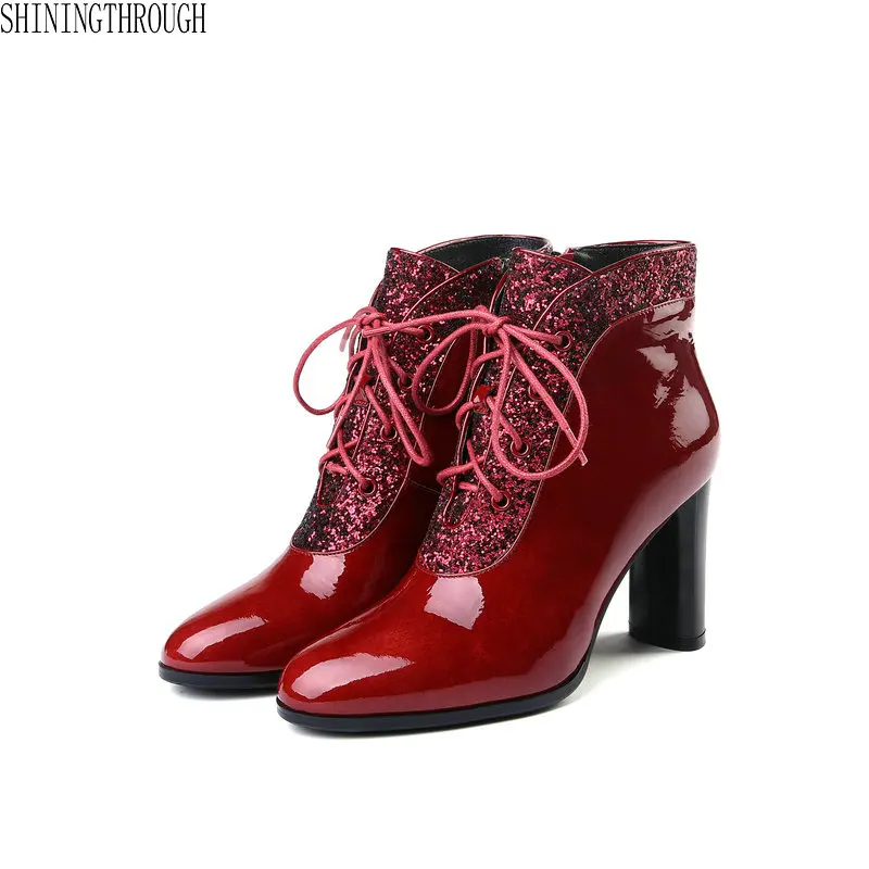 

2019 New genuine leather lace up high heels ankle boots woman wedding party dress shoes ladies fashion boots black green