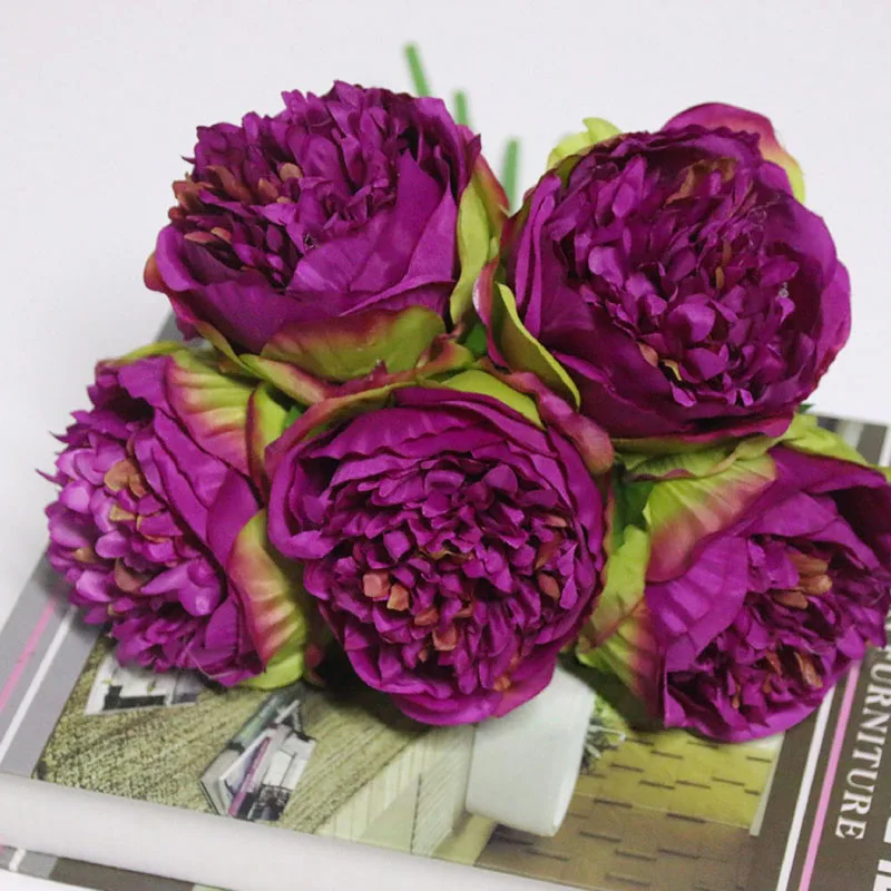 Искусственные большие цветы Пион ткань 5 голов красивый шелк большой искусственный букет свадебный стол с домашним декором искусственный цветок - Цвет: purple