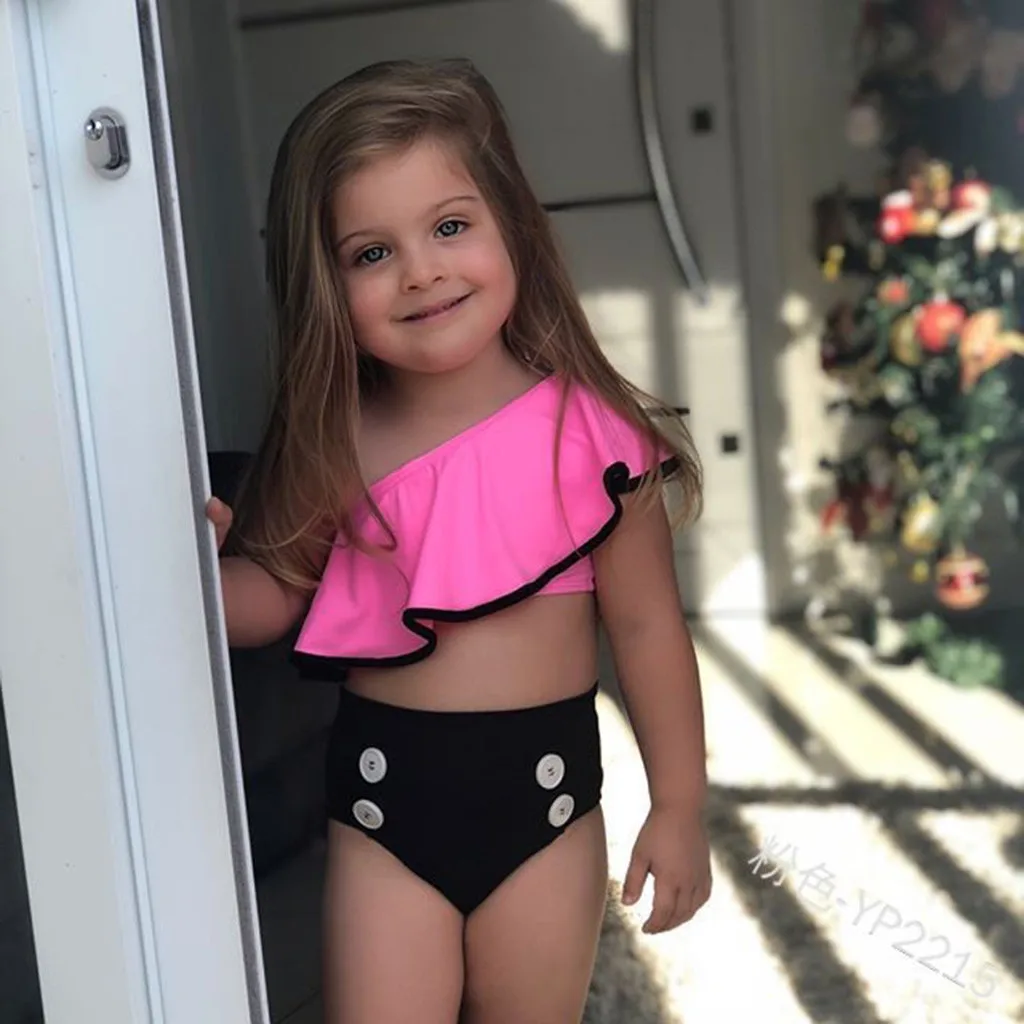 

Girls Children's Summer Slanting Shoulder Split Swimsuit Solid Color Frilled Ruffled Split Swimsuit BikiniSwimsuit Outfits#p35US