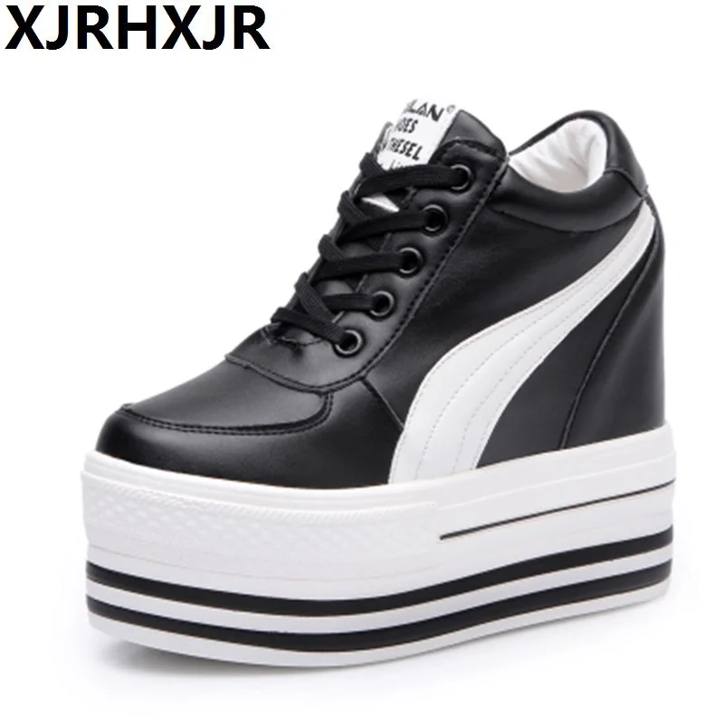 

2017 Fashion Casual Shoes Women Spring Autumn High Top Hidden Heel 12cm Lace Up Lady Flats Black/White Shoes Woman