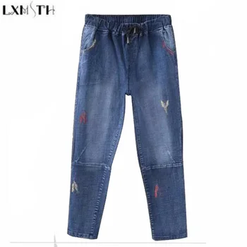 

LXMSTH 2019 Spring Women jeans Plus Size Drawstring Elastic Waist Washed Loose Womens Casual Denim Pants Straight Jeans Woman