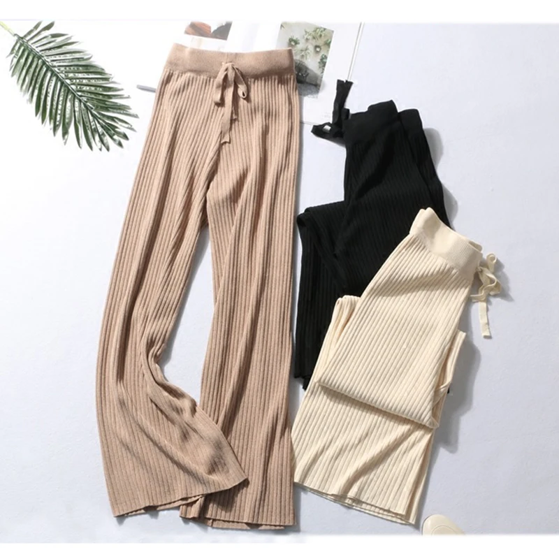

2019 New Spring Autumn High Waist Knitting Wide Leg Pants Women Casual Loose Drawstring Ankle-Length Pants Sashes trousers Mw605