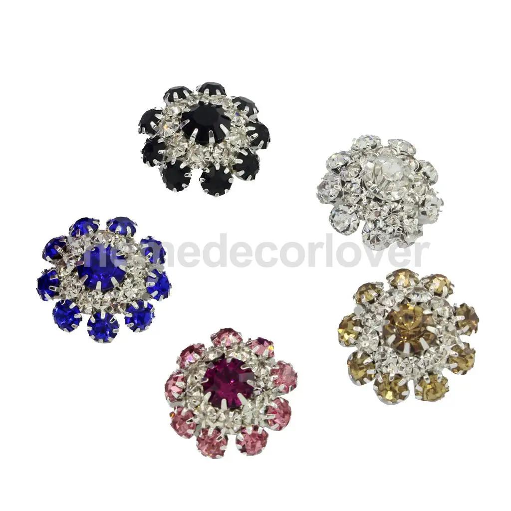5Pcs Glass Metal Rhinestone Flower Shank Buttons Crystal Beads Bulk for Hair Flower DIY Craft Decor Sewing Garments Accessory
