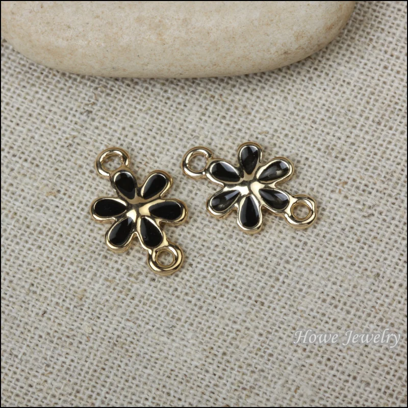 

10pcs quality Champagne gold Enamel Black Flower connector alloy pendant DIY charm Fashion Bracelet Necklace Jewelry Accessories