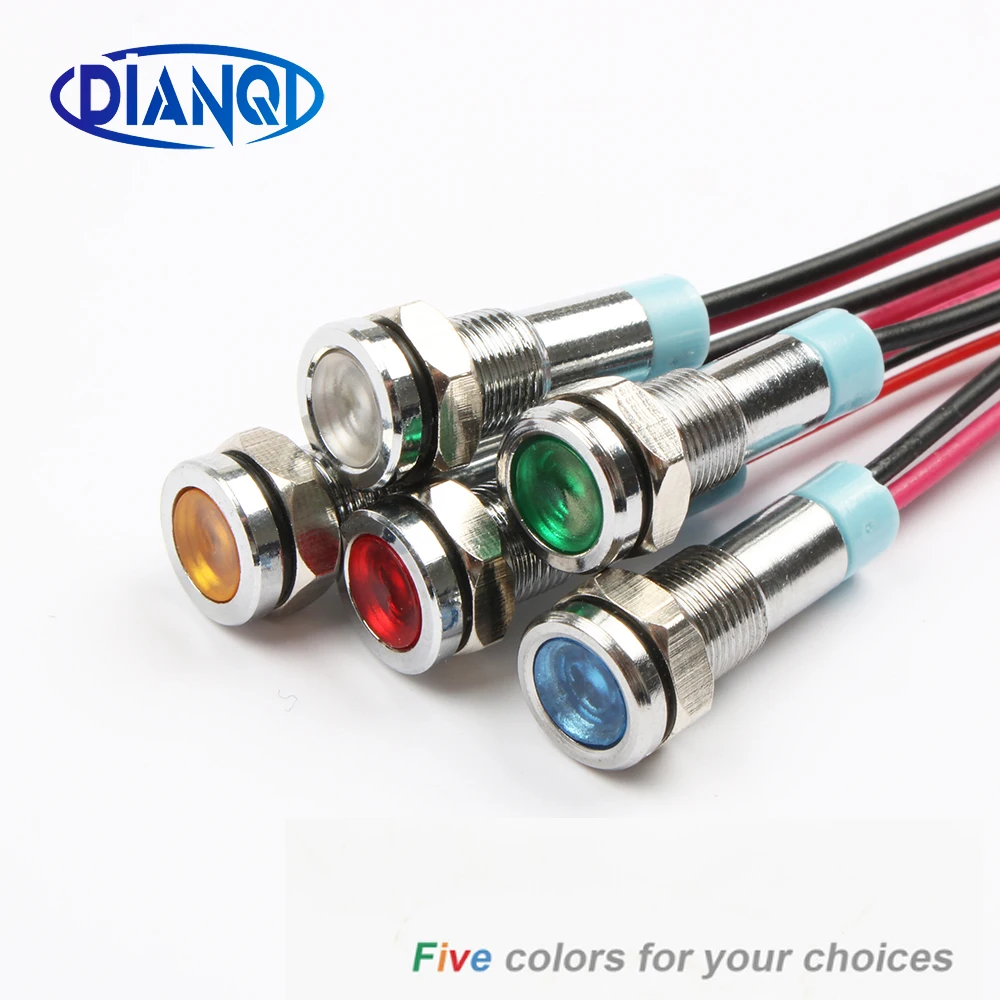 LED Metal Indicator light 6mm waterproof Signal lamp 6V 12V 24V 220v with wire red yellow blue green white 6ZSD.X