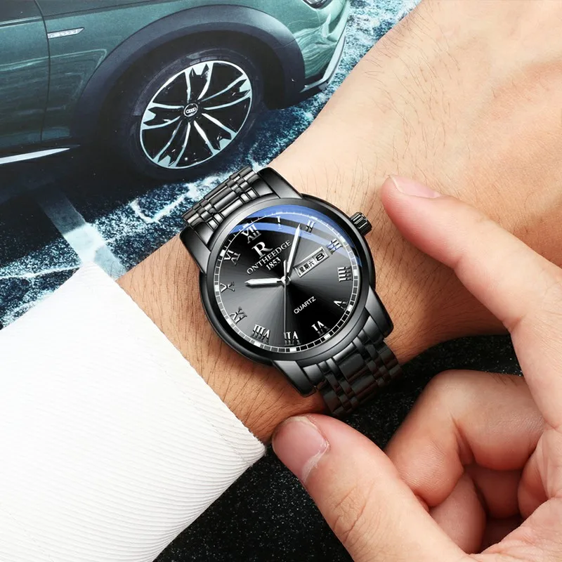 Men Black Модные утонченные стальные круглые кварцевые часы из нержавеющей стали для мужчин и женщин, цвет синий, черный, золотистый, три иглы, деловые вечерние часы для офиса - Цвет: Men Black