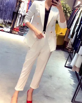

Custom Made Double Breasted White Business Pant Suits for Women LadiesBlazer with Pants Women's Work Pantsuit