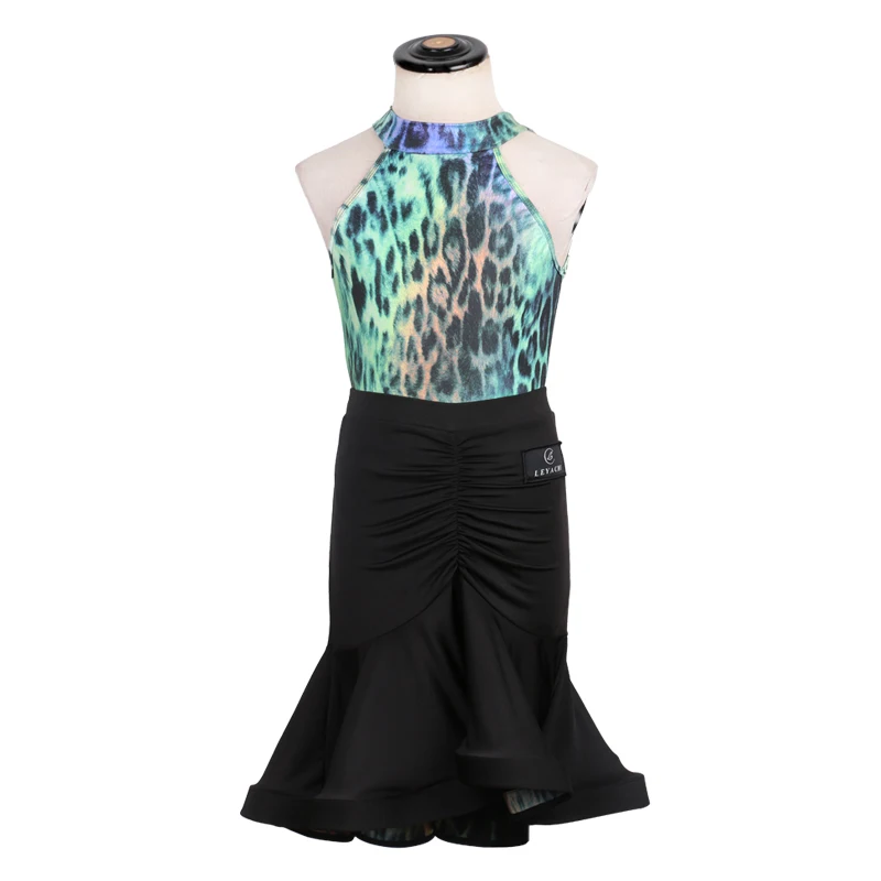 Леопардовая юбка для латинских танцев, летний танцевальный костюм для девочек, комплект одежды для танго, самбы, румбы, бальных танцев, сценическая одежда, Топы+ юбка, 2 предмета DC1112