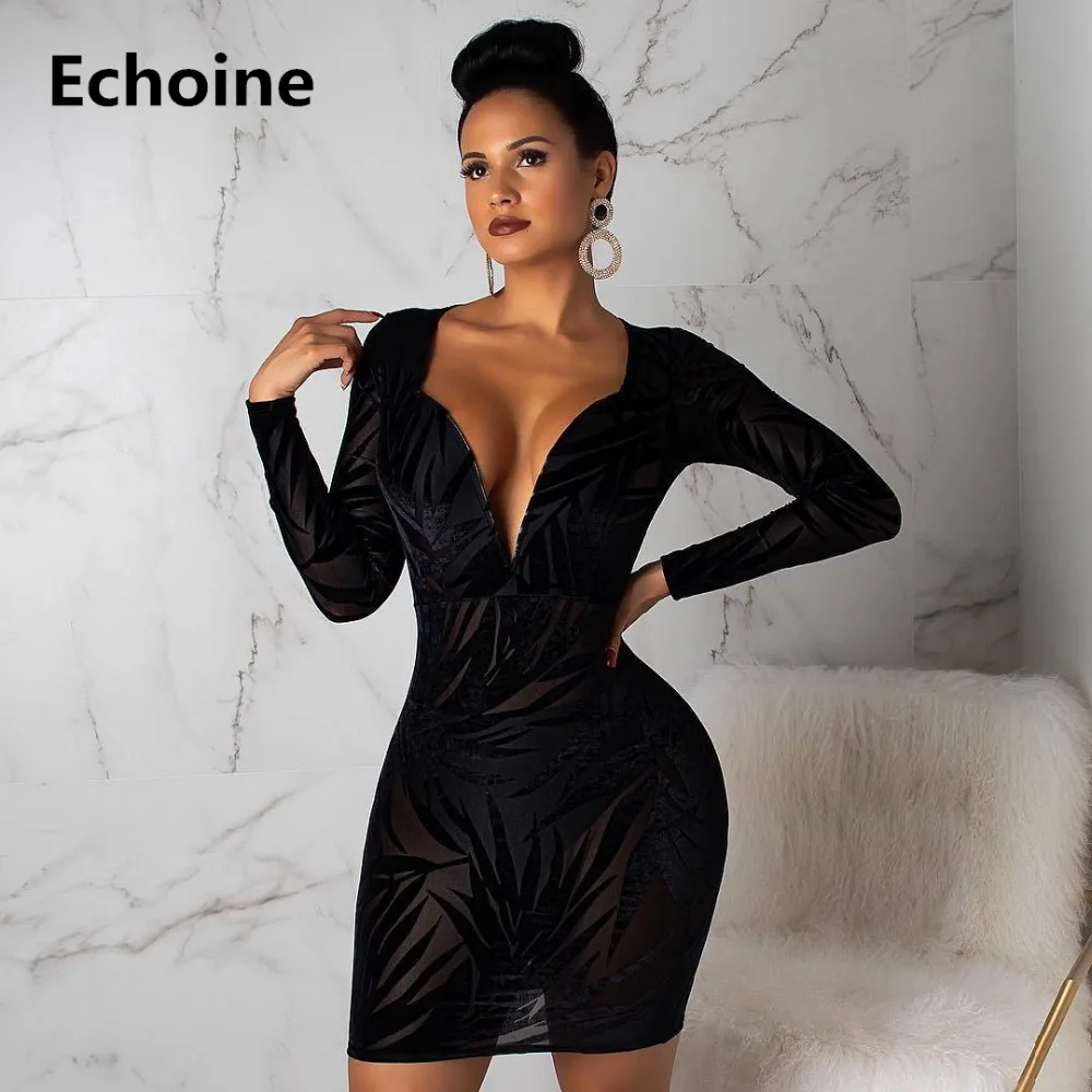 

Women Lace Sheer Mesh Sexy Dress V-neck Bodycon Mini Dresses for Female Elegant Party Dress Long Sleeve Print Vintage Vestidos