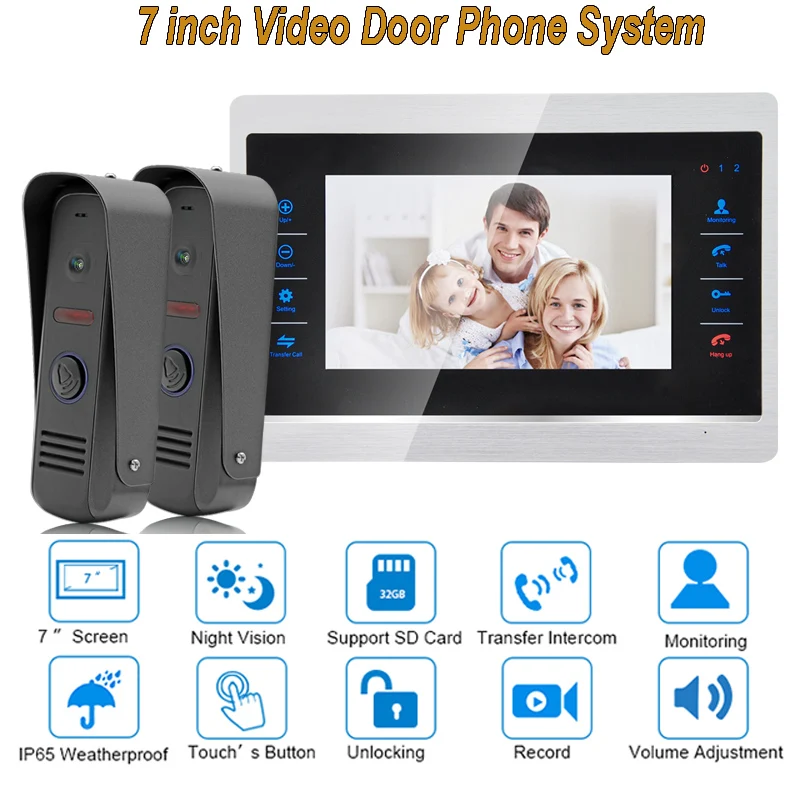 

7 Inch Video Door Phone Monitor Intercom System Kit Night Vision 1200 TVL Doorbell Camera Recording SD Card Support 2V1