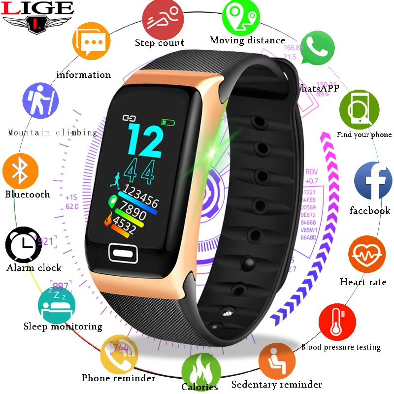 

2019 LIGE Smart wrist Sport Bracelet LED Color Screen Wristband Heart Rate Monitor Pedometer Smart Watch for Android ios Relogio