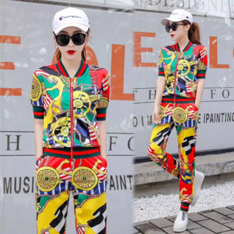 

Sportswear Women's Suit Summer 2019 New Fashion Print Zipper Regular Jacket + Trousers Two Casual Sports Brand Suit Female