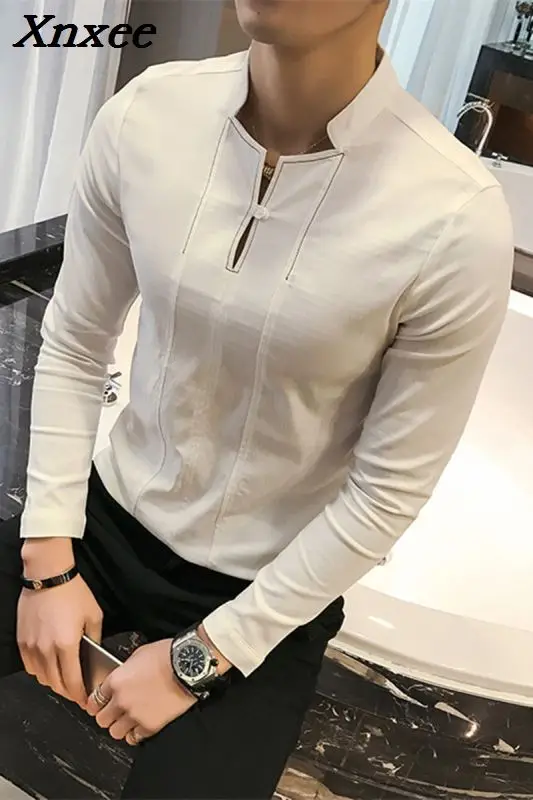 

2020 Mandarin Collar Camisa Chinese Style Slim Fit Shirts For Mens White shirts Social Mens Fitted Shirt Stand Collar Turtleneck