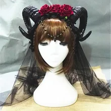Готическая Лолита вуаль демон зла овец рога хрустальные цветы оголовье лентой аксессуар Косплэй Головные уборы опора для Хэллоуина