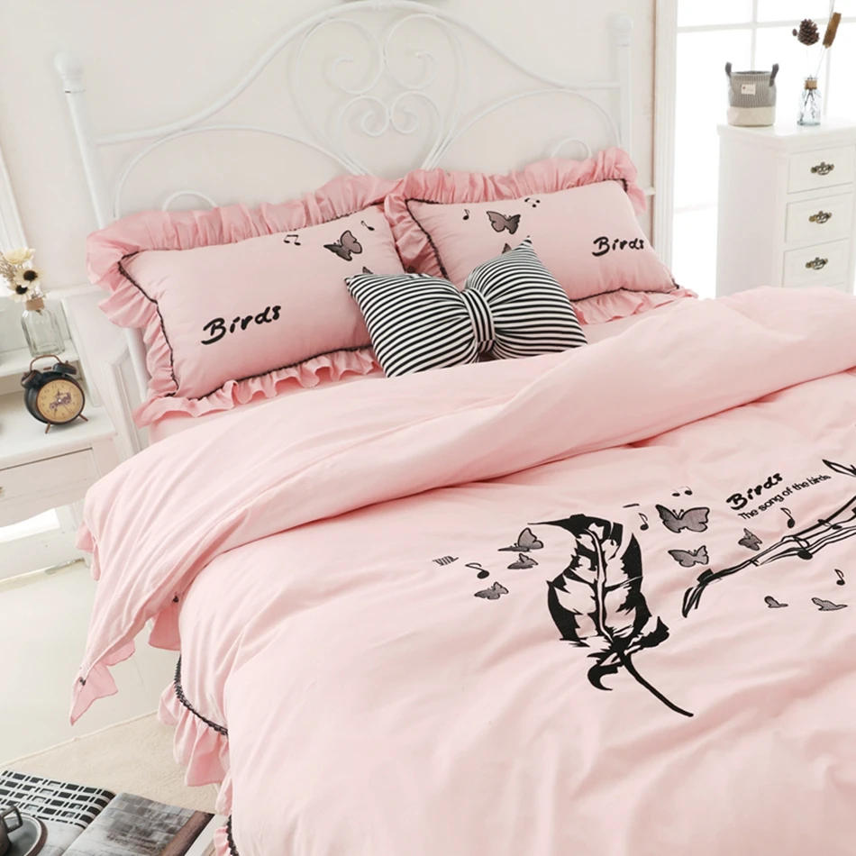 Pink Bedding Set for Girls Butterfly Embroidered Duvet Cover Princess