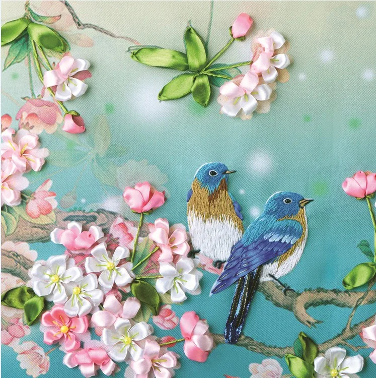 

Needlework,DIY Ribbon Cross stitch Sets for Embroidery kit,Lucky bird Flower ribbon Cross-Stitch handwork wedding wall decor