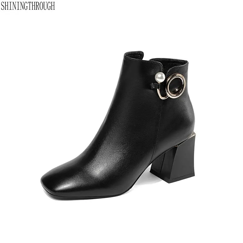 

Brand Cow Leather Ankle Boots For Women High Heels metal Short Ladies Shoes Woman Square Toe Party Wedding Pumps