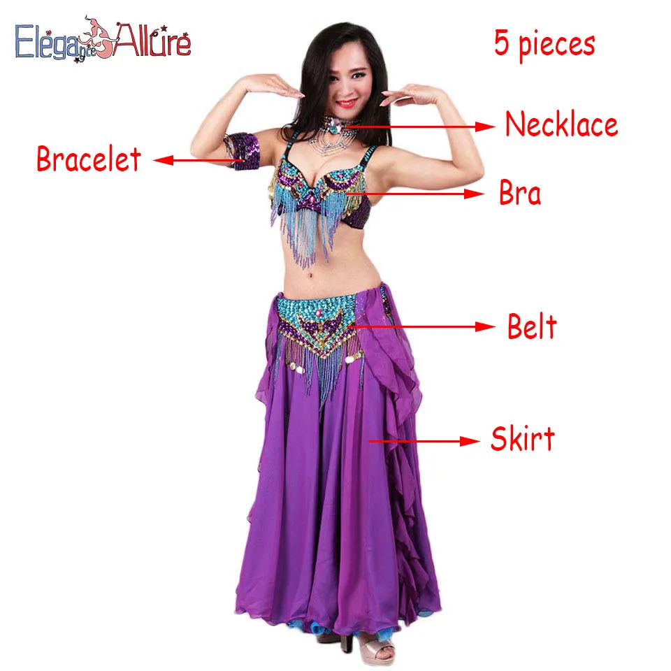 Purple 5pcs E& A, 5 шт., набор для танца живота, модный костюм для танца живота, женский бюстгальтер, пояс, юбка, наборы, длинное платье, ожерелье, браслет, одежда для выступлений - Цвет: Purple 5pcs