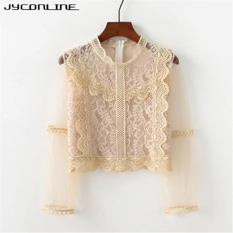 

JYConline Lace Floral Crop Blouse Shirt Women Tops Long Sleeve Mesh Blouses Sexy White Lace Blouse Shirt Back Zipper Crop Tops