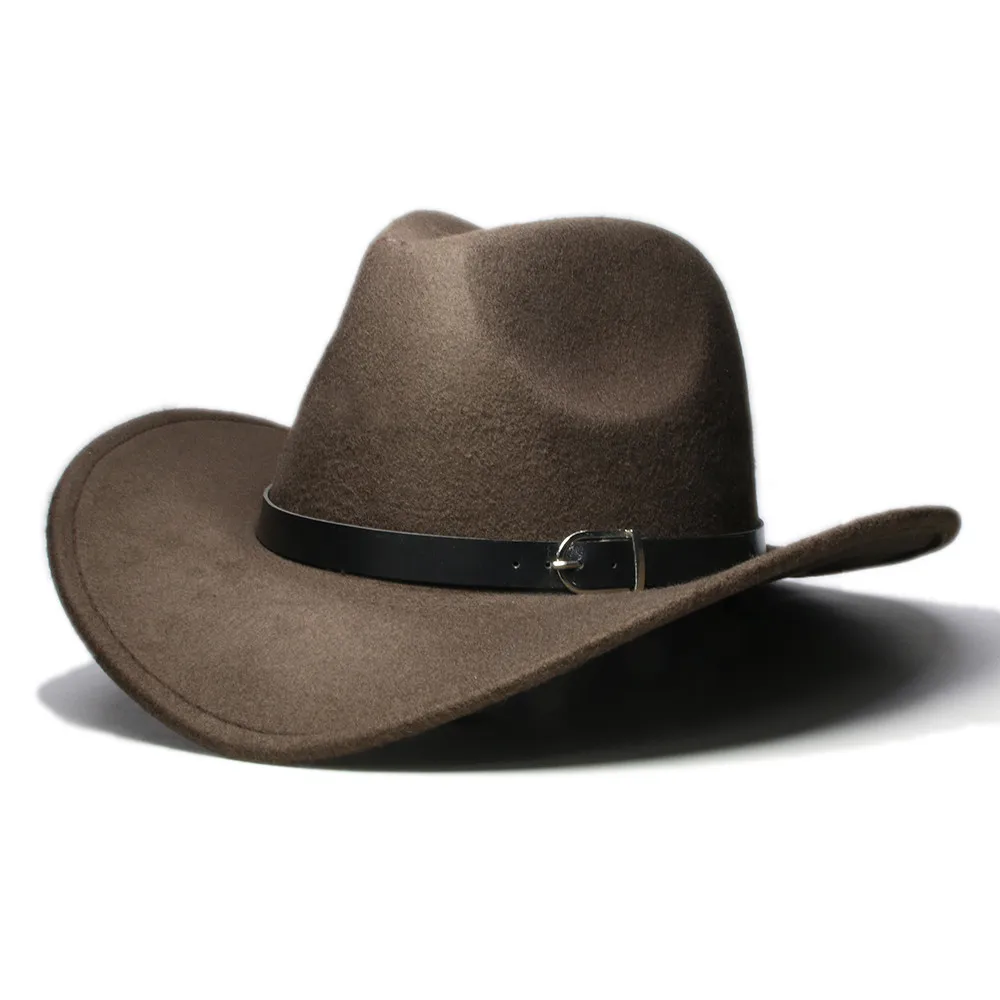 LUCKYLIANJI, для мальчиков и девочек, с широкими полями, кантри, ковбойская шляпа с кожаным ремешком, фетровая шляпа, фетровая шляпа из шерсти, джазовая шляпа, Ковбойская шапка для детей - Цвет: Коричневый