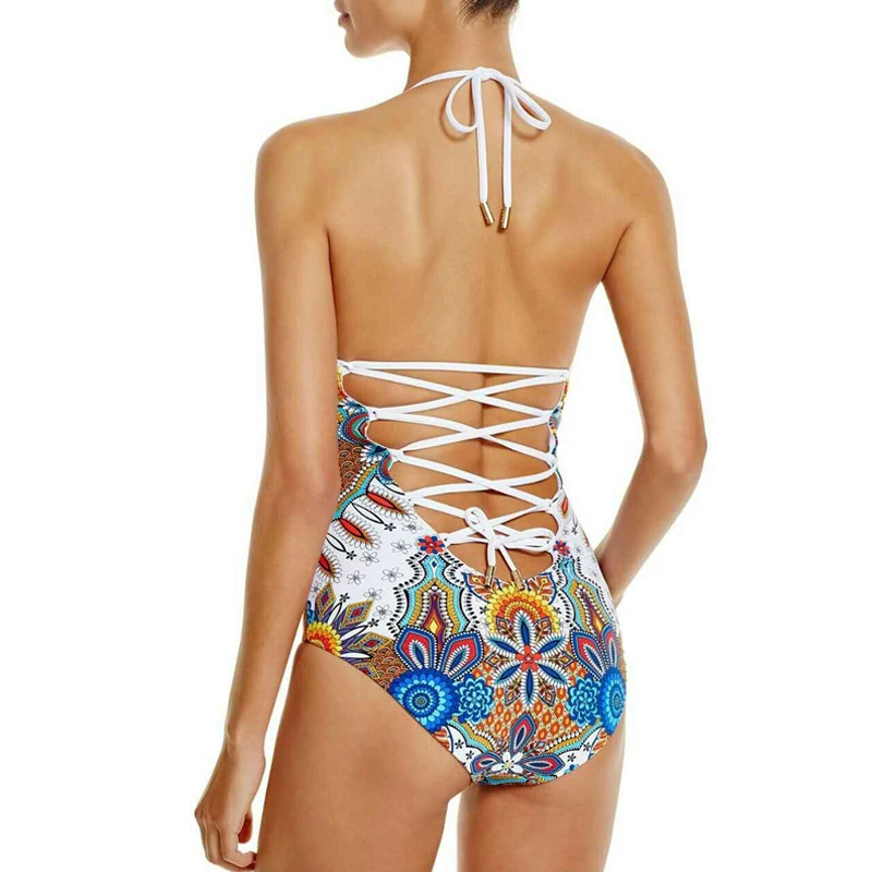 

Beach Swim Wear Thong One Piece Swimwear Women Sexy Printed Female Bathing Suit Halter Back Hollow Out Push Up Monokini BodySuit