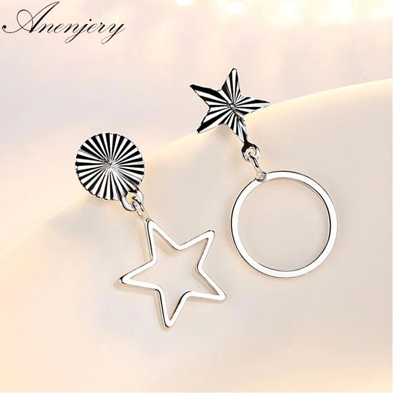 

Anenjery Personality 925 Sterling Silver Earrings For Women Geometrical Star Round Hollow Asymmetric Stud Earrings S-E528