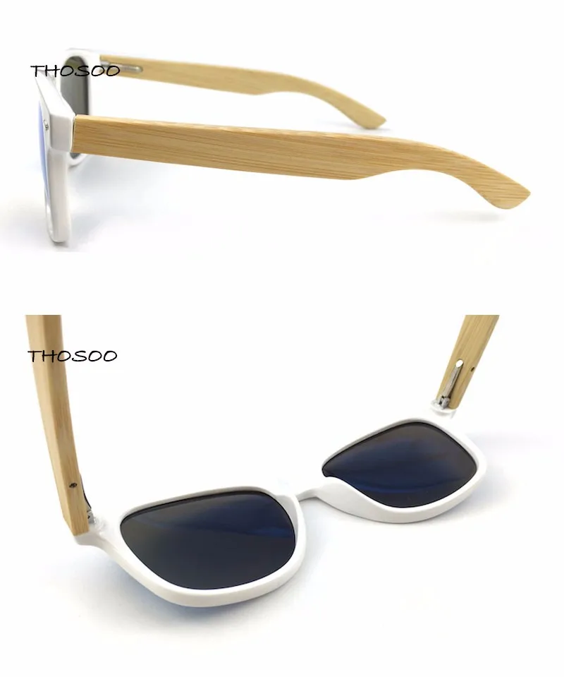 Бамбуковые деревянные солнцезащитные очки с белым Пластик рамки и поляризованные зеркальные Объективы Thosoo4011
