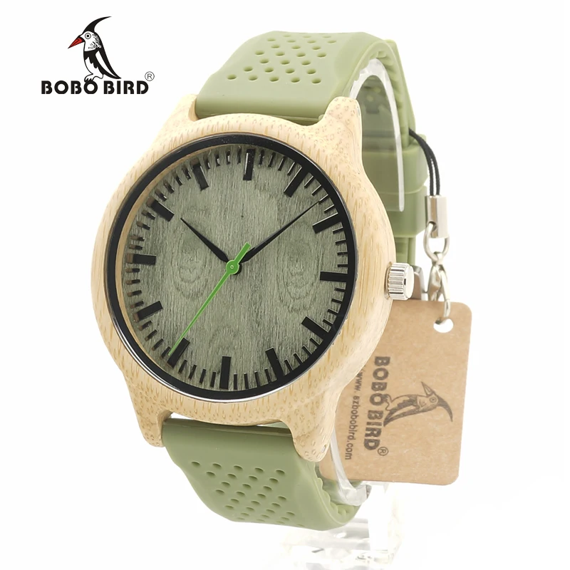 BOBO BIRD B06 New Fashion 2017 Bamboo Wood Watches with Soft Green Silicone Straps Japan Quartz