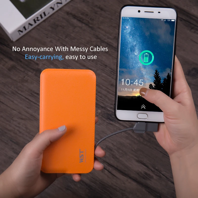 WST Power Bank 4000mAh With Built in Cable Portable Battery Charger Colorful Ultra Thin Slim External Batteries Pack for Mobile