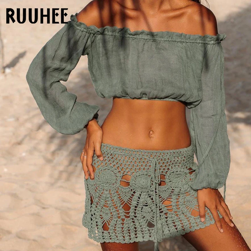 

RUUHEE New Beach-shirt Cover-ups Women Bikini Swimsuit Covers up Off Shoulder Lantern sleeve Bathing Suit Summer Beach Wear
