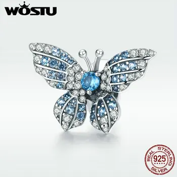 

WOSTU Butterfly Beads 925 Sterling Silver Blue Zircon Charm Fit Original Bracelet PenBNnt For Women Jewelry Accessories BNC061