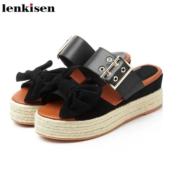 

Lenkisen sheep suede peep toe bowtie decoration thick bottom handmade straw rivets metal buckle wdeges sweet women sandals L6f2