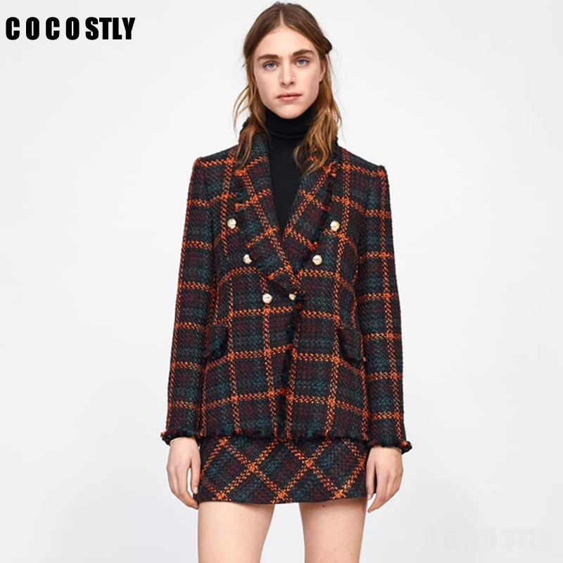 

Vintage Double Breasted Frayed Checked Tweed Blazers Coat Women 2019 Fashion Pockets Plaid Ladies Outerwear Casual Casaco Femme