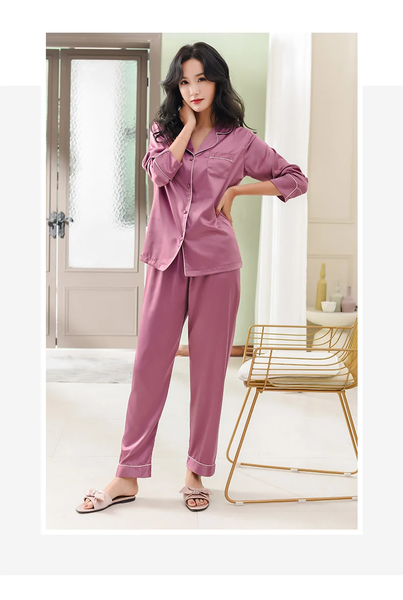 Комплект атласной шелковой Пижамы 2019 Новый 2 шт пижамы пиджачный костюм женские фиолетовые Элегантные Глянцевые дышащие морщинки стойкие