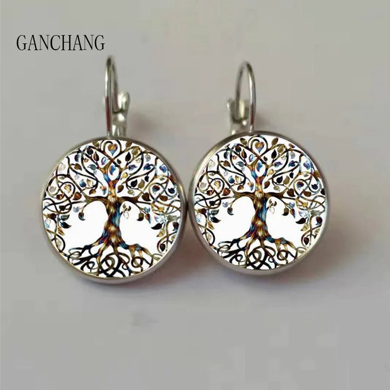 

Hot! Tree of Life Flower Stud Earrings Vintage Tree of Life Cabochon Glass Earrings for Women Jewelry Gifts