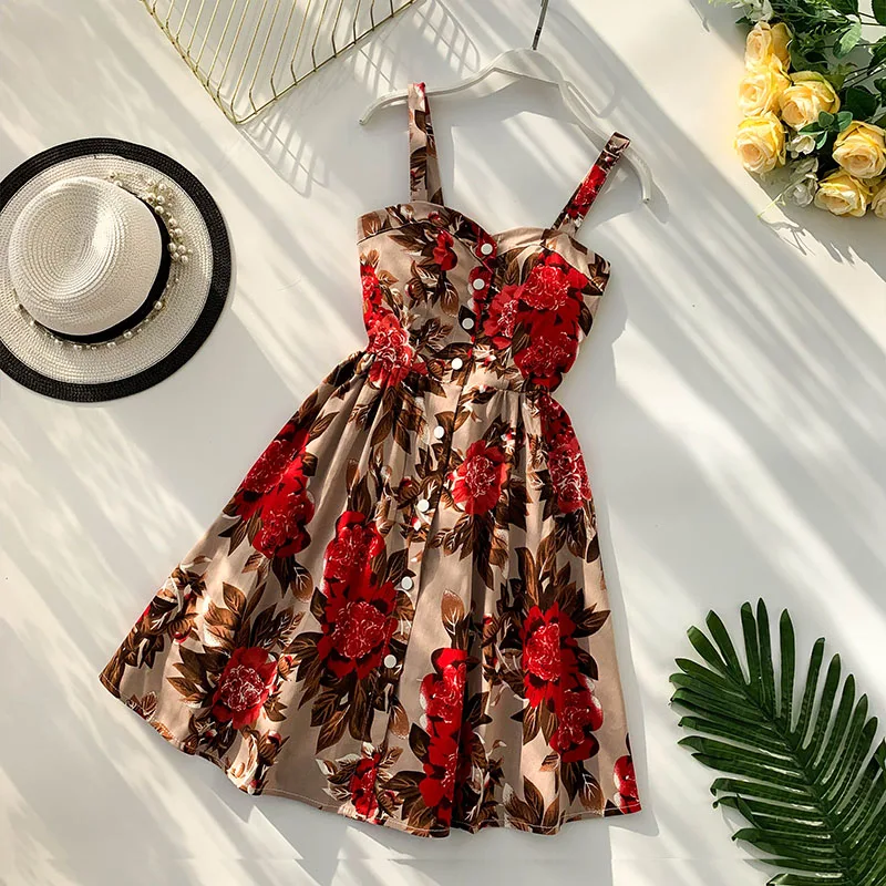 Богемное сексуальное винтажное летнее платье на пуговицах с цветочным принтом и тонкими бретельками, Короткие вечерние мини женские повседневные пляжные платья с высокой талией Vestidos