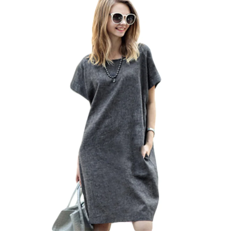 

Plus Size Women Clothing European Women Loose Waist A-Line Summer Dress Short Sleeved Grey Cotton Linen Big Size Dress XH354