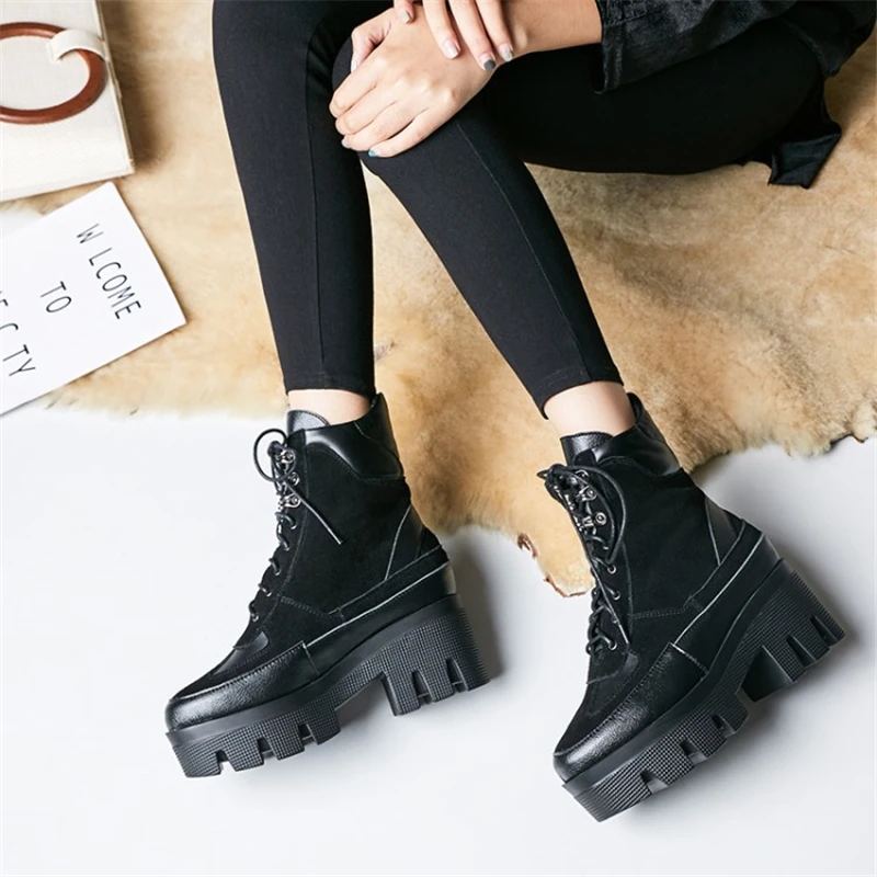 

Fashion High Top Casual Women Shoes Lace up Platform wedge heel ankle Boots Women patchwork genuine leather Short Botas Mujer