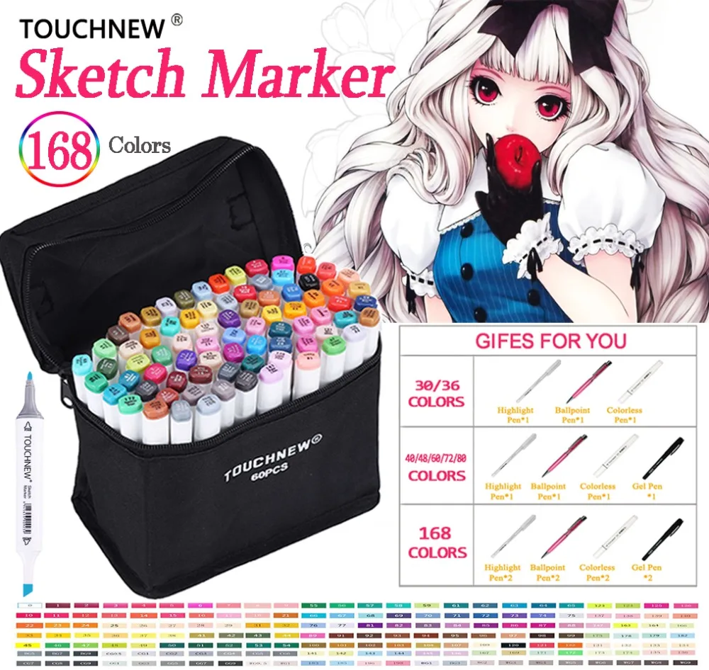 

TOUCHNEW 30 40 60 80 168 Colors Markers Pen Art Marker Set Dual Headed Alcohol Based Sketch Markers Set Drawing Pen Art Supplies