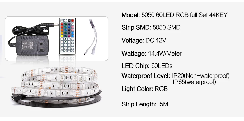 Светодиодная лента, светильник, гибкая Диодная лента, DC 12 в 1 м 2 м 3M 4M 5 м SMD 2835 5050 RGB, водонепроницаемый светильник с дистанционным питанием, 24 ключа, 44Key
