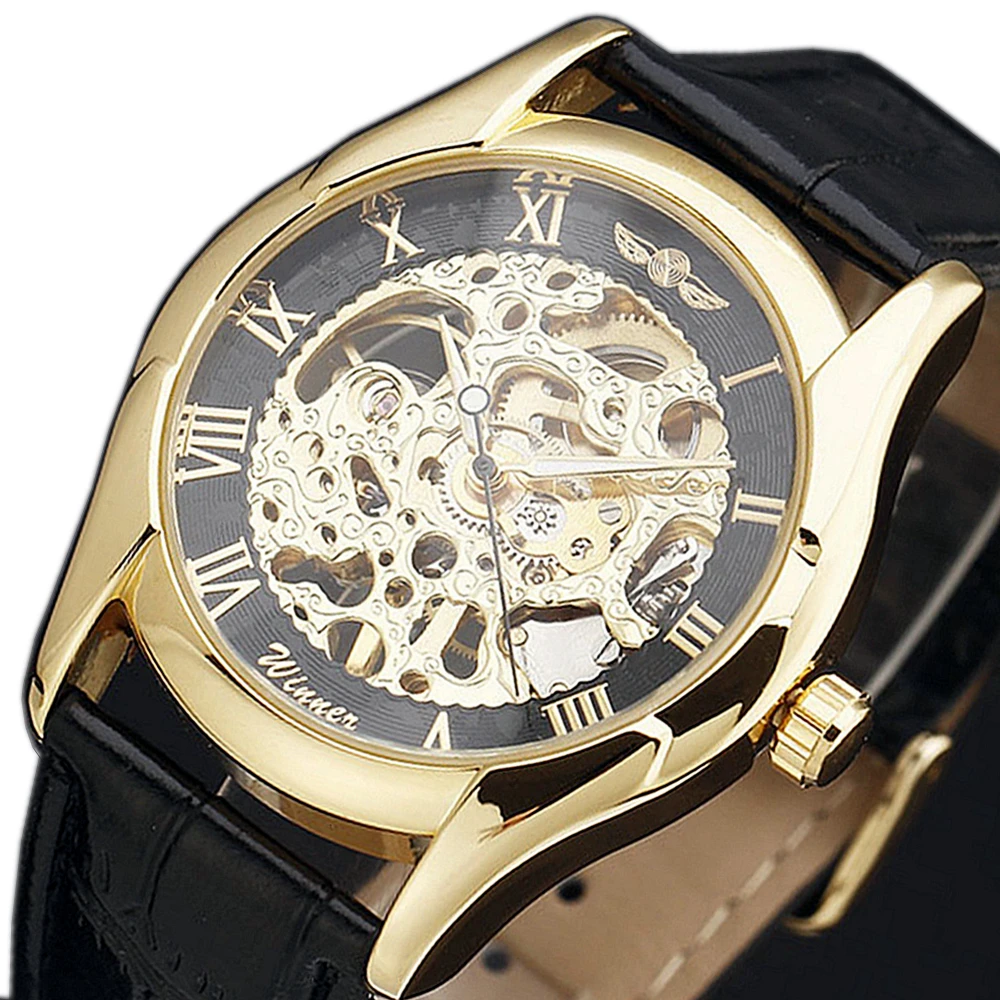

WINNER Men Automatic Self Wind Skeleton Watch Men Gold Hollow Engraving Elegant Genuine Leather Strap Wrist Watches